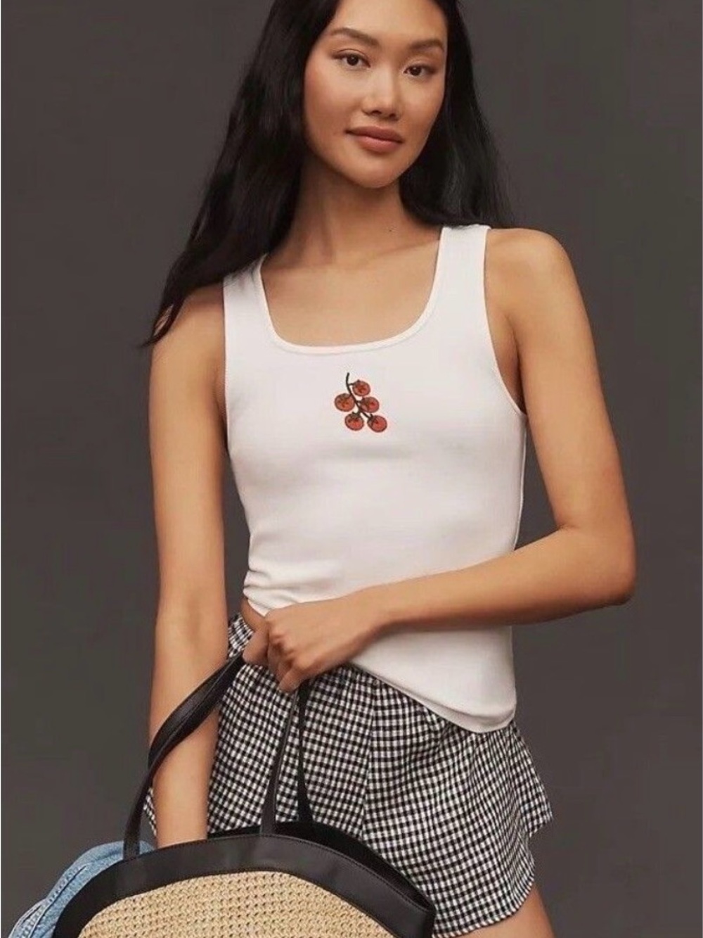 Anthropologie Maeve White Tomato Embroidered Scoop Tank
